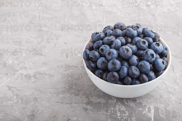 Fresh blueberry in white bowl on gray concrete background. side view, copy space