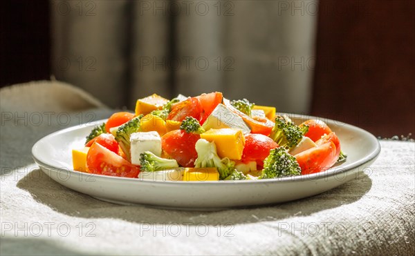 Vegetarian salad with broccoli, tomatoes, feta cheese, and pumpkin on white ceramic plate on linen textile, side view, close up, selective focus, natural day light