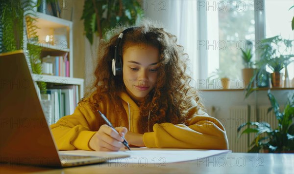 Young woman studying with headphones on and working on a laptop in a warm and cozy setting AI generated