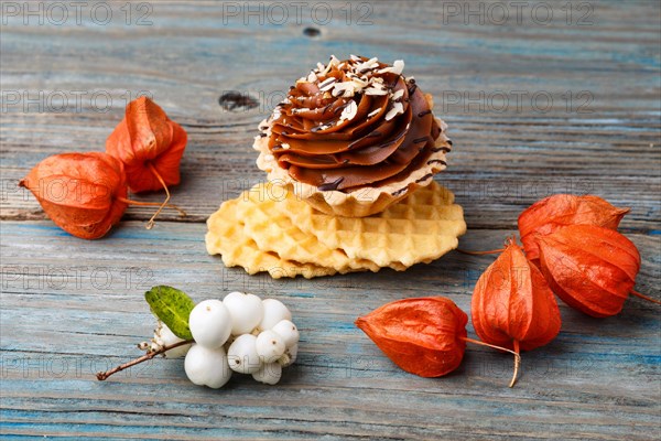 Sweet waffle, cake with cream and red physalis on a rustic blue wooden background