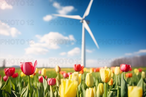 Yellow and red tulip spring flowers with wind energy turbine in blurry background. KI generiert, generiert AI generated