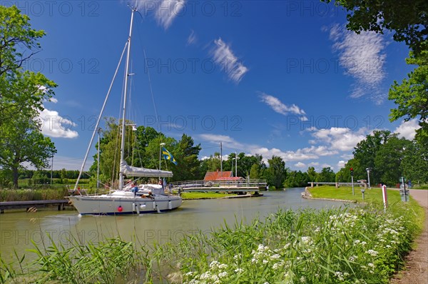 Small sailing boat in the Goeta Canal, spring, Goetaland, Sweden, Europe