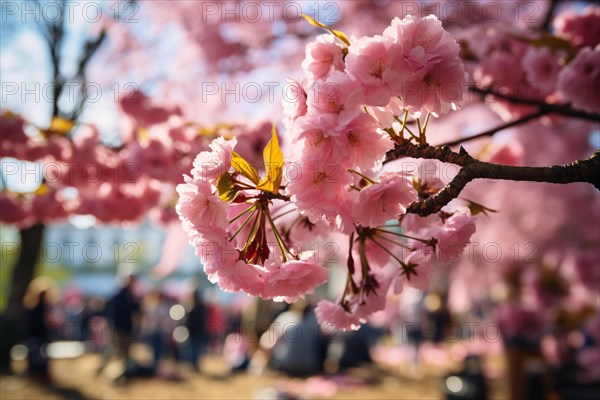 Tree with Japanese pink cherry flower blossom with blurry people celebrating Hanami festival in background. KI generiert, generiert AI generated