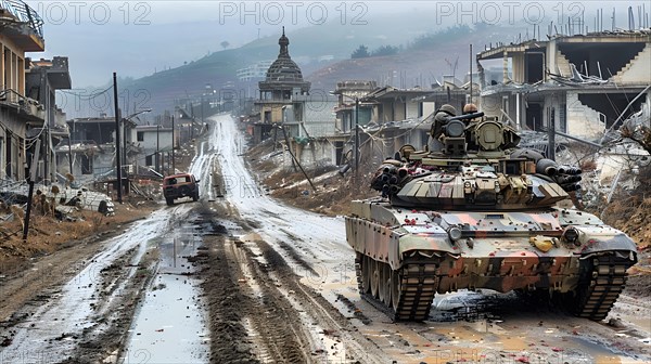 A tank drives on a road softened by rain through a village destroyed by war, AI generated, AI generated