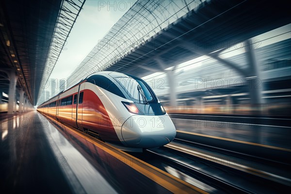 Modern high speed train in a futuristic train station. Modern transportation technology, speed, travel concepts. Railroad with motion blur effect, AI generated