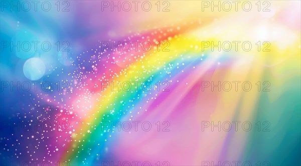 An ethereal abstract of a vibrant rainbow spectrum glowing with soft particles, ai generated, AI generated