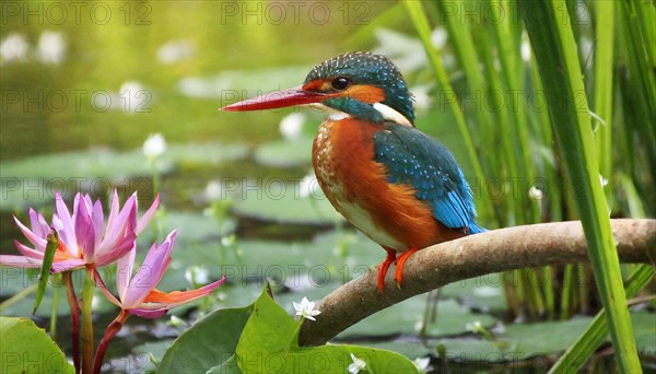 KI generated, animal, animals, bird, birds, biotope, habitat, a, individual, water, perch, reeds, water lilies, blue sky, foraging, wildlife, summer, seasons, white-throated kingfisher (Halcyon smyrnensis)