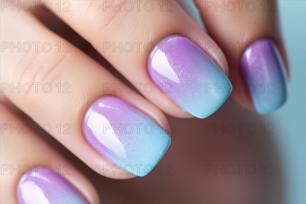 Close up of woman's fingernails with ombre violet and blue nail art design. KI generiert, generiert AI generated