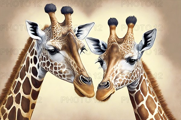 Two painted giraffes, coloured drawing, painting, AI generated, AI generated