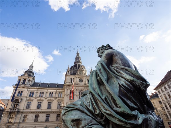 Detail of the Archduke Johann Fountain, behind the town hall, Graz, Styria, Austria, Europe