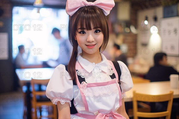 Young Asian woman dressed up in cute pink and white maid costume at Japanese maid cafe. KI generiert, generiert AI generated