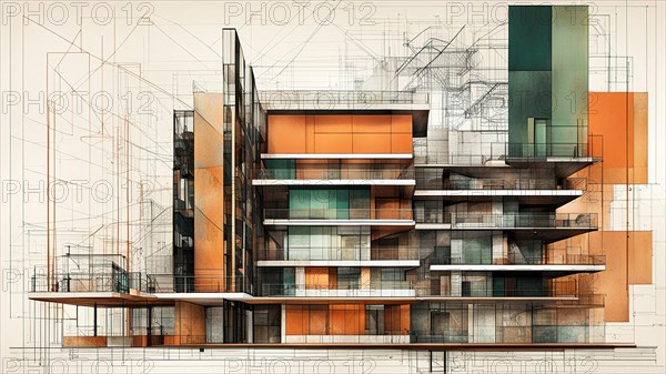 A sketch of a modern building concept with black, copper green and orange color accents, horizontal aspect ratio, off white background, AI generated