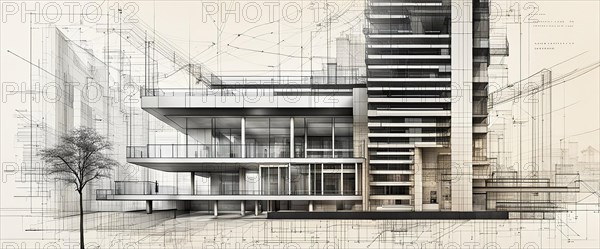 Illustration of a modern residential building in a clean monochrome style, horizontal aspect ratio, off white background, AI generated