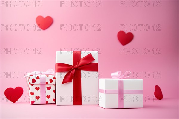 White Valentine's day gift boxes with hearts on pink background. KI generiert, generiert AI generated
