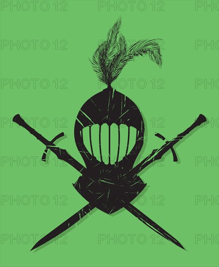 Medieval knight helmet and swords symbol, vector grunge effect