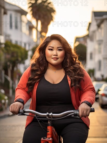 Determined woman riding a BMX bike in the city at sunset, wearing a red jacket, San Francisco, Lombard area, AI Generated, AI generated