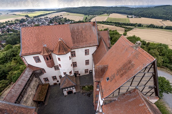 Palas with stair tower, new bower, inner courtyard, Ronneburg Castle, medieval knight's castle, Ronneburg, view from the keep, Ronneburg hill country, Main-Kinzig district, Hesse, Germany, Europe