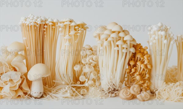 Variety of Shimeji mushrooms, Enoki mushroom, Golden needle mushroom, Enoki mushroom. AI generated