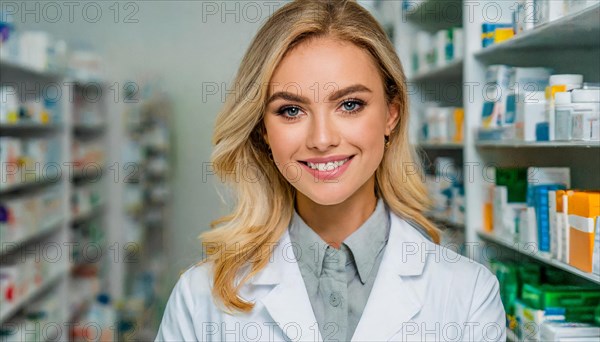 AI generated, A young pharmacist in her pharmacy, portrait, 30, 35, years, female, blonde, blond, blonde, beautiful teeth, smiles, long hair, profession, professions, medicines in the background