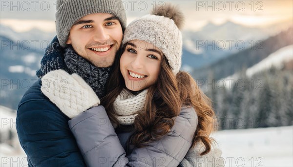AI generated, human, humans, person, persons, woman, woman, young couple, enjoying the winter, 25, 30, years, two persons, man and woman hugging, embrace, looking forward to each other, enjoying the snow, laughing, smiling, outdoor shot, ice, snow, winter, seasons, cap, bobble hat, gloves, winter jacket, cold, coldness