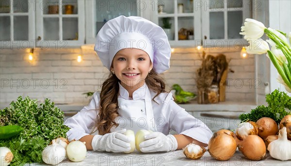 AI generated, human, humans, person, persons, child, children, 8 year old girl cutting onions in a white kitchen, chef hat, smock, cute, cute, beautiful eyes, beautiful teeth, cook, cook, kitchen table, vegetables, onions, garlic