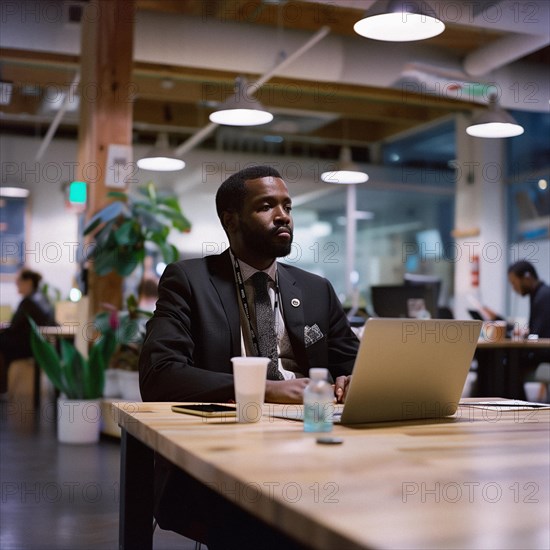 A professional man in business attire working on a laptop at a wooden table in a modern office space, african american at office, AI generated