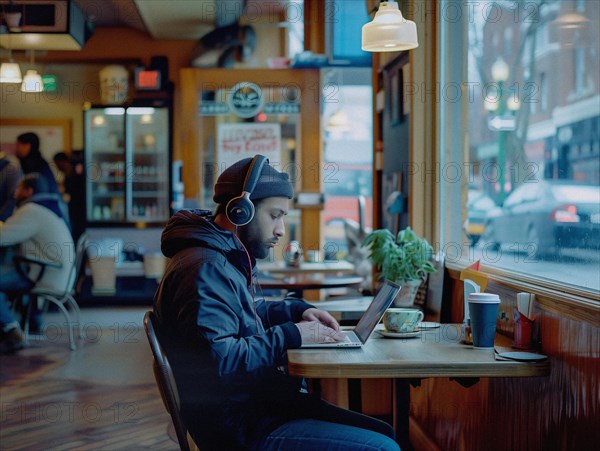 A man wearing headphones working on a laptop in a cozy cafe during the evening, african american with laptop, AI generated