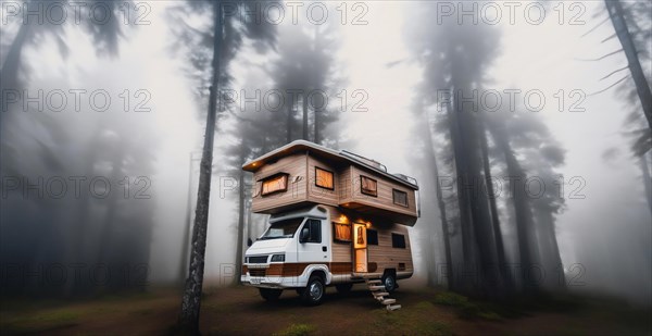 Camper van wooden motorhome, creative high-tech motorhome two-level in nature. Outdoor recreation, isolation, AI generated
