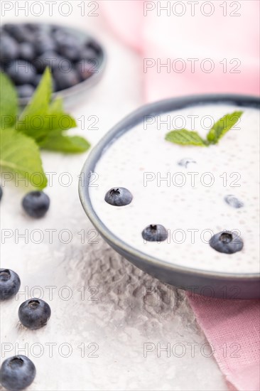 Yogurt with blueberry in ceramic bowl on gray concrete background and pink linen textile. Side view, close up, selective focus