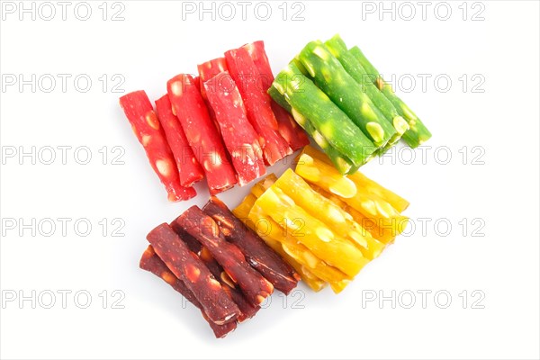 Set of various traditional turkish delight (rahat lokum) isolated on white background. top view. flat lay, close up