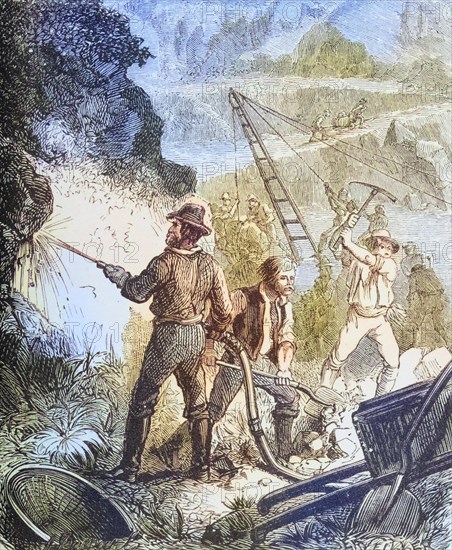 Mining work in the 1870s. From American Pictures Drawn With Pen And Pencil by Rev Samuel Manning c. 1880, United States, America, Historic, digitally restored reproduction from a 19th century original, Record date not stated, North America
