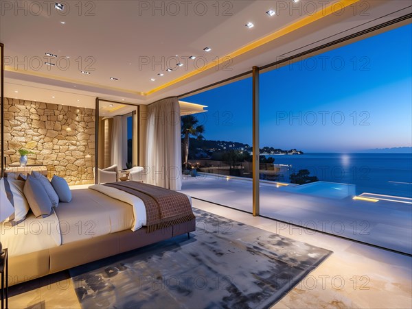 Interior of a bedroom overlooking the Mediterranean Sea in the Balearic Islands in Spain, AI generated