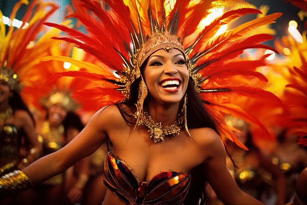 Captivating image capturing the essence of the Rio Carnival, showcasing a dancer adorned in an elaborate, vibrant costume, embodying the spirit and energy of this iconic festival, AI generated