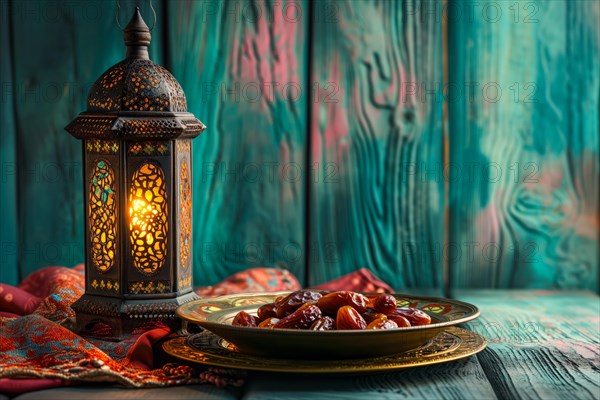 Ramadan lantern with a plate of succulent figs, set on an ornate table with intricate designs, evoking the rich traditions and serene moments of the holy month, AI generated