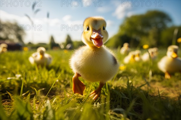 A close-up of a cute duckling standing in a sunlit meadow, with other ducklings and wildflowers in the background, AI generated