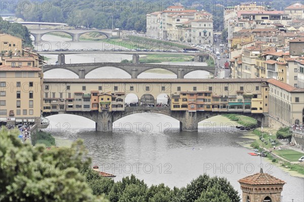 View of the Ponte Vecchio and the city of Florence from Monte alle Croci, Tuscany, Italy, Europe