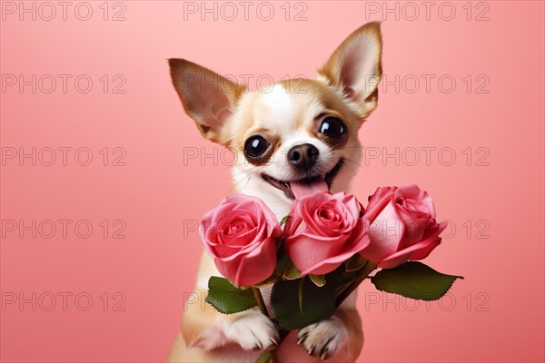 Cute small Chihuahua dog with roses in front of pink background. KI generiert, generiert AI generated