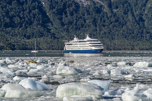 Cruise ship Stella Australis anchored between ice floes in Pia Bay in front of the Pia Glacier, Alberto de Agostini National Park, Avenue of the Glaciers, Chilean Arctic, Patagonia, Chile, South America