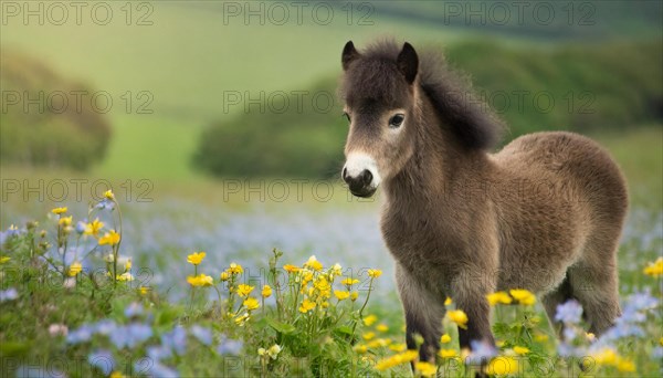 KI generated, animal, animals, mammal, mammals, biotope, habitat, one, individual animal, foraging, wildlife, meadow, pasture, Exmoor pony, horse, horses, ungulates, English pony breed, South West England, Exmoor, (Equus ferus caballus), foal, flower meadow