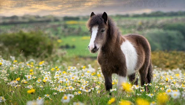 KI generated, animal, animals, mammal, mammals, biotope, habitat, one, individual animal, foraging, wildlife, meadow, pasture, Exmoor pony, horse, horses, ungulates, English pony breed, South West England, Exmoor, (Equus ferus caballus), foal, flower meadow