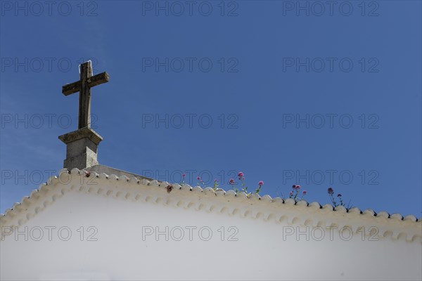Flower-covered roof of a church, cross, religion, Christianity, lovely, idyllic, flowers, decoration, architecture, travel, holiday, Southern Europe, Monchique, Algarve, Portugal, Europe