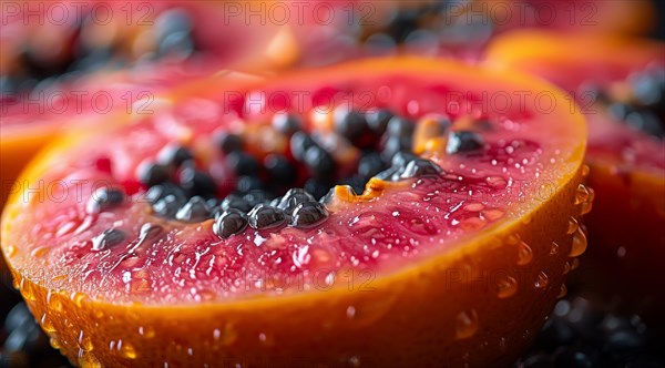 Close-up of a juicy grapefruit with blackberries and fresh water droplets, ai generated, AI generated