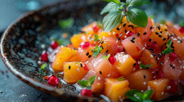 Poke-styled dish with diced mango, sesame seeds, and pomegranate on a ceramic plate, ai generated, AI generated