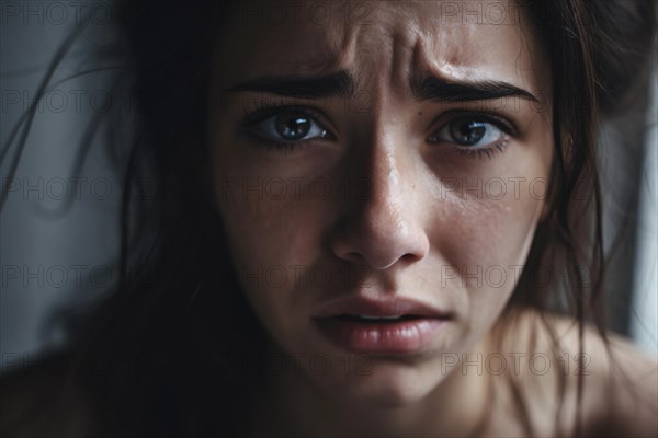 Face of desperate scared crying woman. KI generiert, generiert AI generated