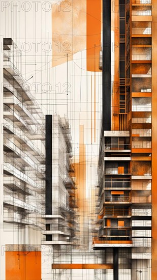 An abstract modern artwork with faded geometric architectural sketches in orange tones, vertical aspect ratio, off white background color AI generated
