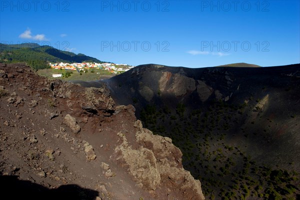 Village Los Canarios over crater of teneguia volcano, La Palma, Canary Islands, Spain, Europe