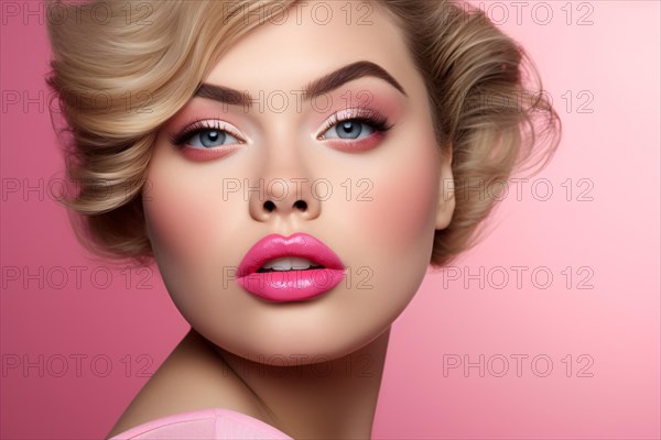 Portrait of beautiful curvy model with glamourous pink makeup. KI generiert, generiert AI generated