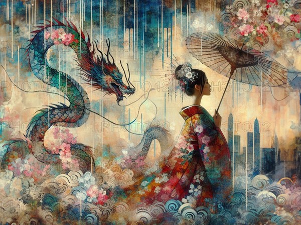 An Asian young thin woman with an umbrella walk with dragon amidst skyscrapers in a vibrant fantasy artwork, japanese themed shunga art style based, AI Generated, AI generated