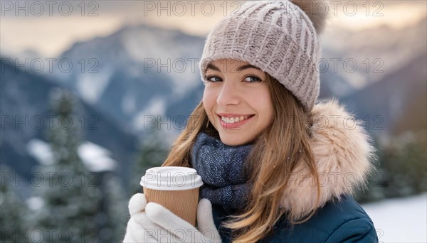 AI generated, human, humans, person, persons, woman, woman, one, coffee, coffee cup, coffee to go, outdoor, ice, snow, winter, seasons, drinks, drinking, cap, bobble hat, gloves, winter jacket, cold, cold weather