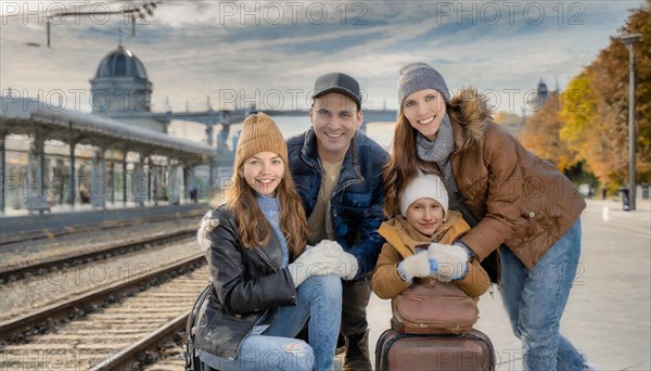 AI generated, A young family wants to travel and waits in the station for the train, 30, 35, years, blond, blonde, man, woman, knd, children, 10, 12, modern, modern, suitcase, handbag, winter jacket, white, sneakers, shoes, sexy, attractive, attractive, long-haired, transport, traffic, four people, family